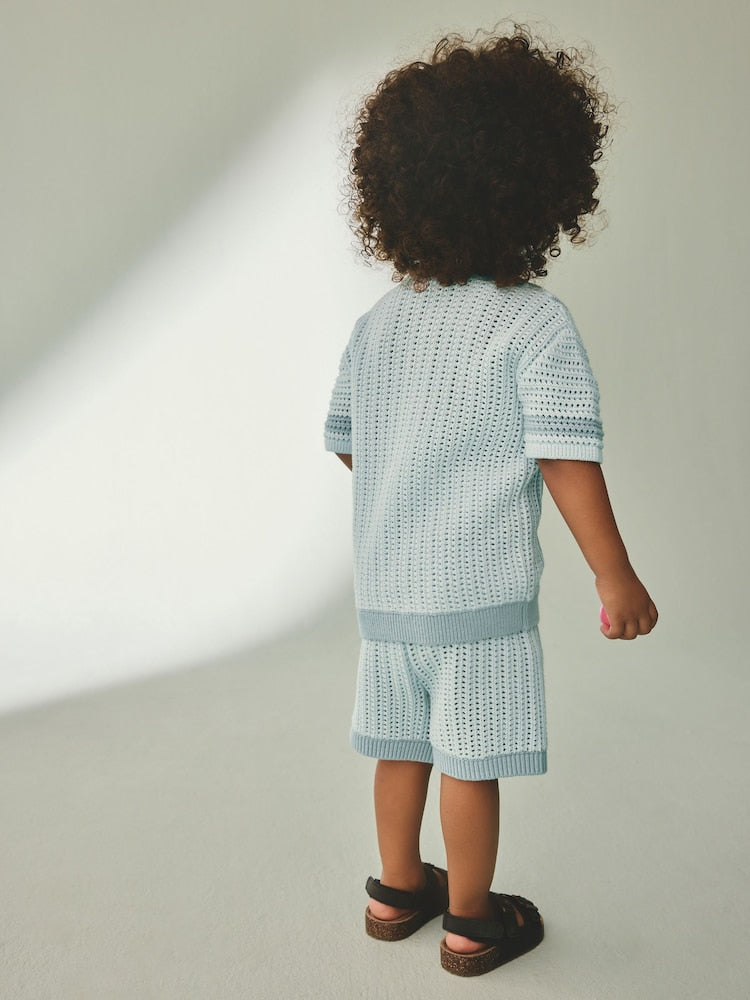 Blue Crochet Knitted Short Sleeve Shirt and Shorts Set (3mths-10yrs)