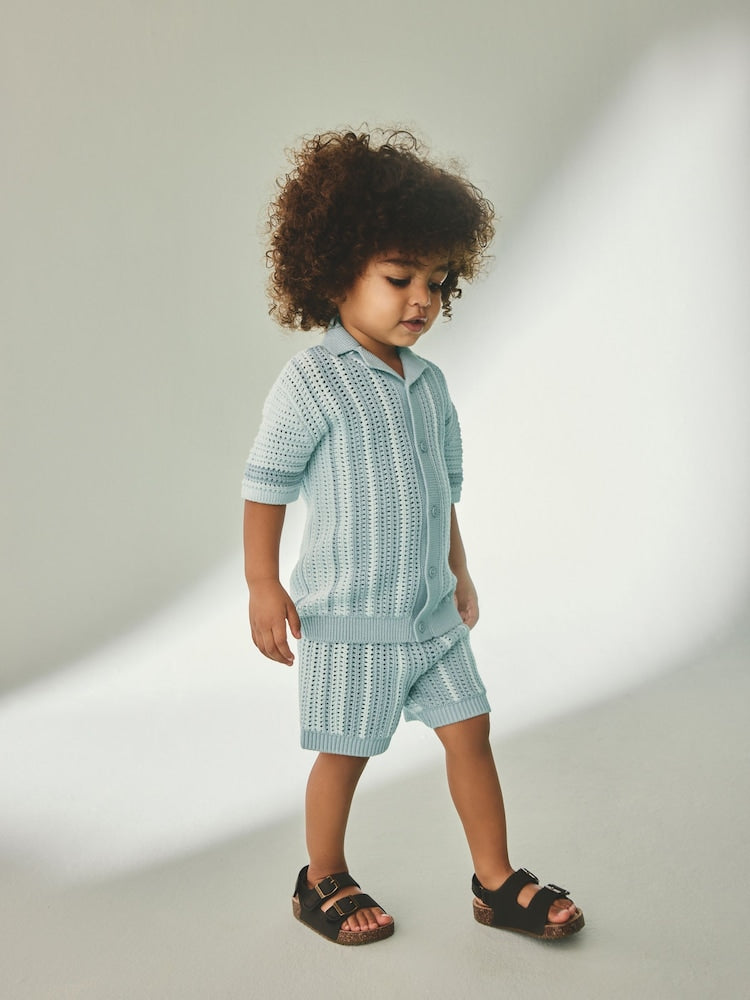 Blue Crochet Knitted Short Sleeve Shirt and Shorts Set (3mths-10yrs)