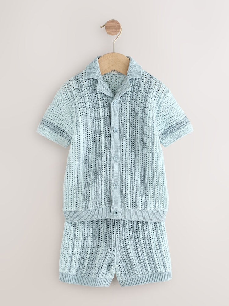 Blue Crochet Knitted Short Sleeve Shirt and Shorts Set (3mths-10yrs)