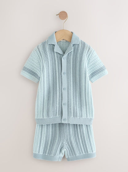 Blue Crochet Knitted Short Sleeve Shirt and Shorts Set (3mths-10yrs)