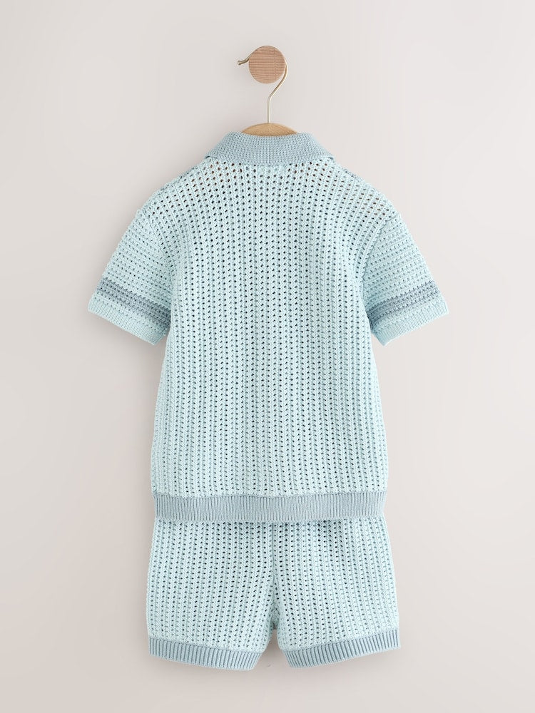 Blue Crochet Knitted Short Sleeve Shirt and Shorts Set (3mths-10yrs)