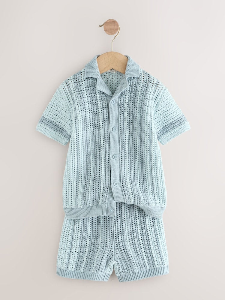 Blue Crochet Knitted Short Sleeve Shirt and Shorts Set (3mths-10yrs)