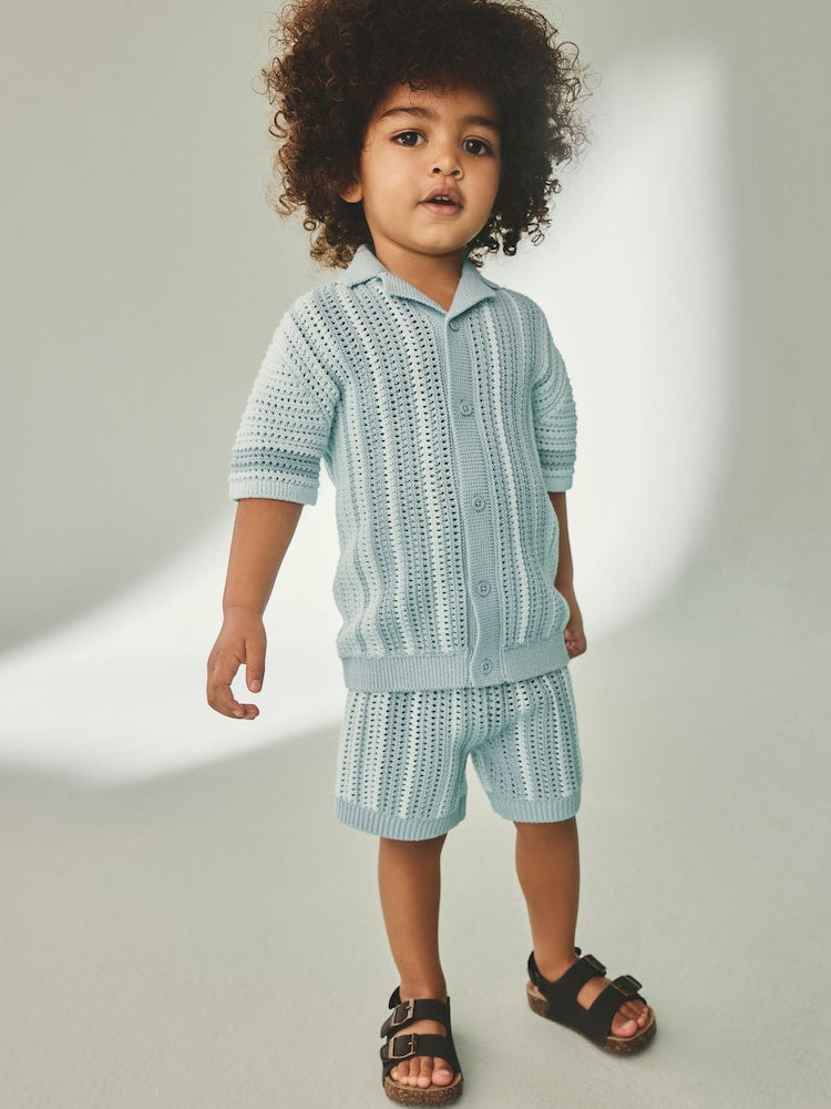Blue Crochet Knitted Short Sleeve Shirt and Shorts Set (3mths-10yrs)