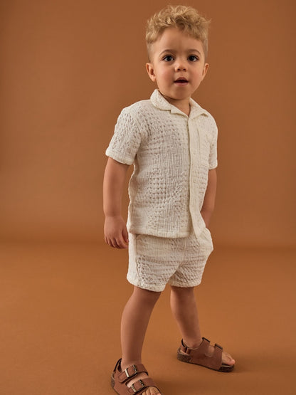 Ecru Texture Plain Revere Collar Short Sleeve Shirt And Shorts Set (3mths-7yrs) - Size 3-6 Months (62-68cm)