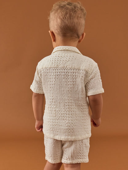 Ecru Texture Plain Revere Collar Short Sleeve Shirt And Shorts Set (3mths-7yrs) - Size 3-6 Months (62-68cm)