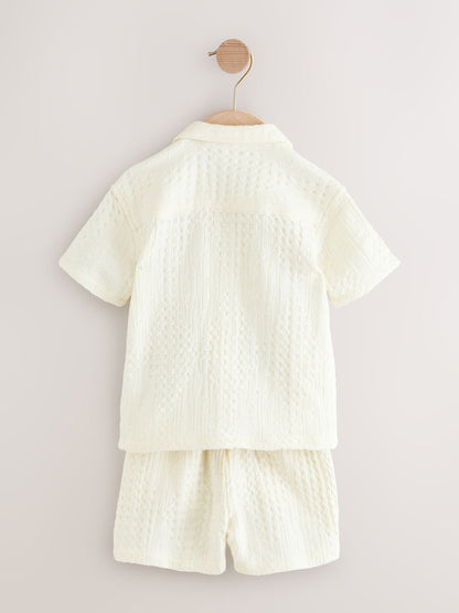 Ecru Texture Plain Revere Collar Short Sleeve Shirt And Shorts Set (3mths-7yrs) - Size 3-6 Months (62-68cm)