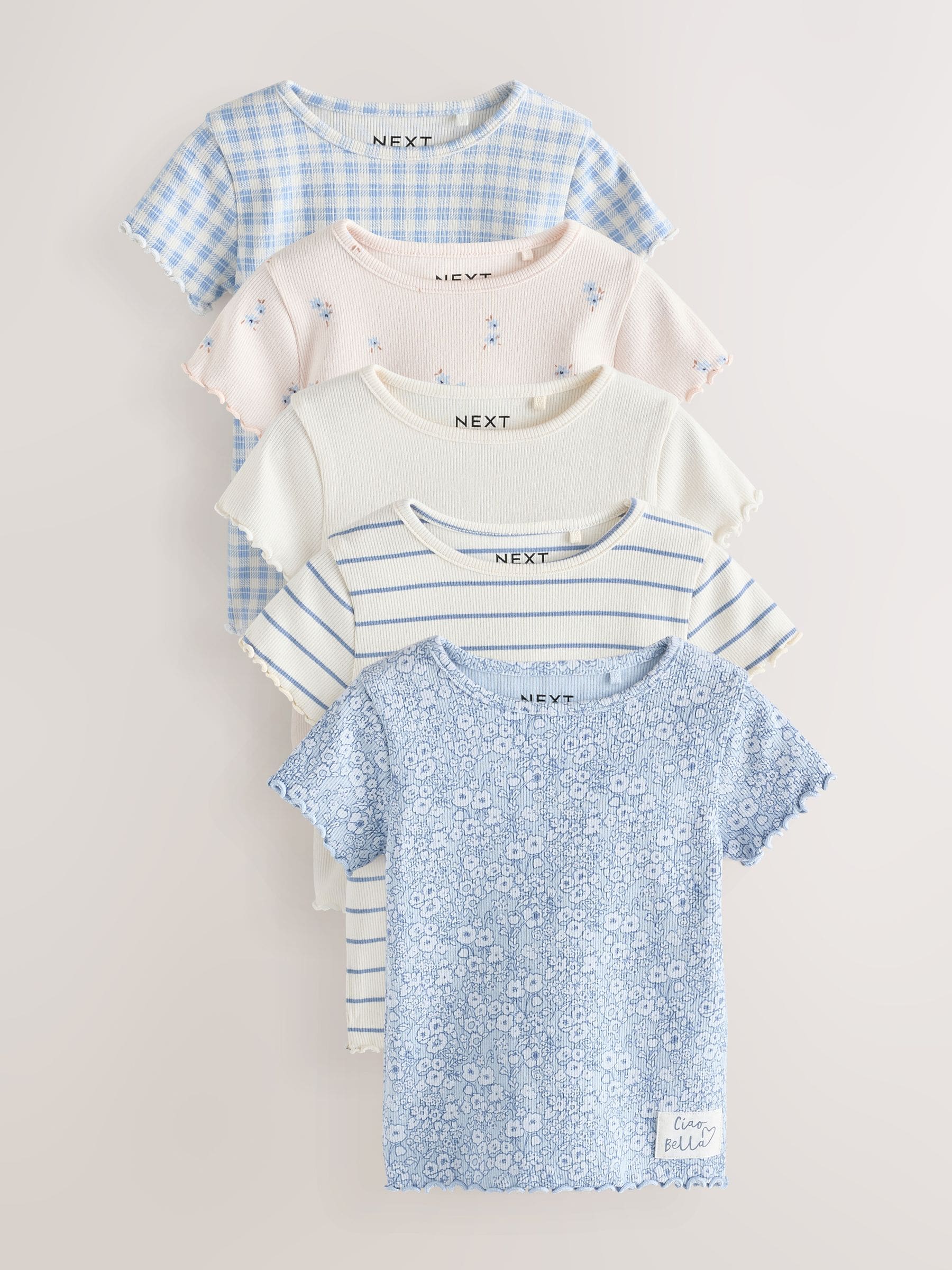 Blue Ribbed Short Sleeve Tops 5 Pack (3mths-7yrs) - Size 3-6 Months (62-68cm) - Default 1