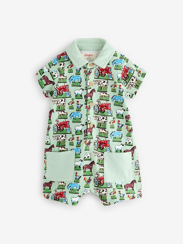 Green Farm Collared 100% Cotton Cath Kidston Romper - Green Farm Collared / 12-18 Months (80-86cm)