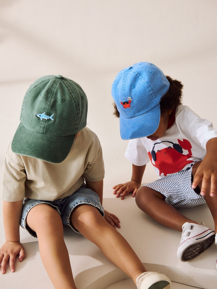 Shark/Crab Washed Caps 2 Pack (3mths-10yrs) - Size 3-9 Months (62-74cm) - Shark/Crab