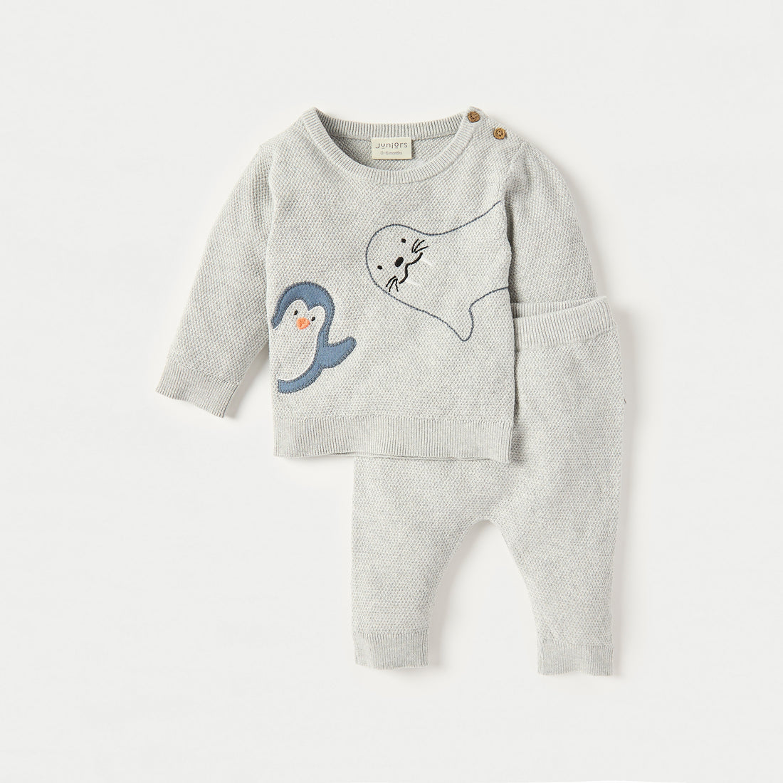 Juniors Applique Detail Long Sleeves T-shirt and Elasticated Pyjama Set - Grey / 12-18 mths