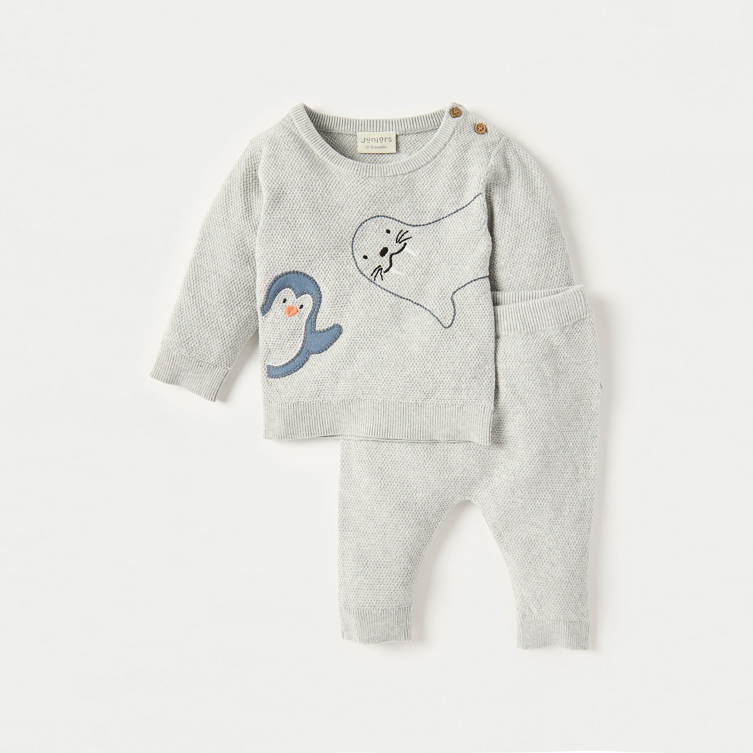 Juniors Applique Detail Long Sleeves T-shirt and Elasticated Pyjama Set - Grey / 12-18 mths