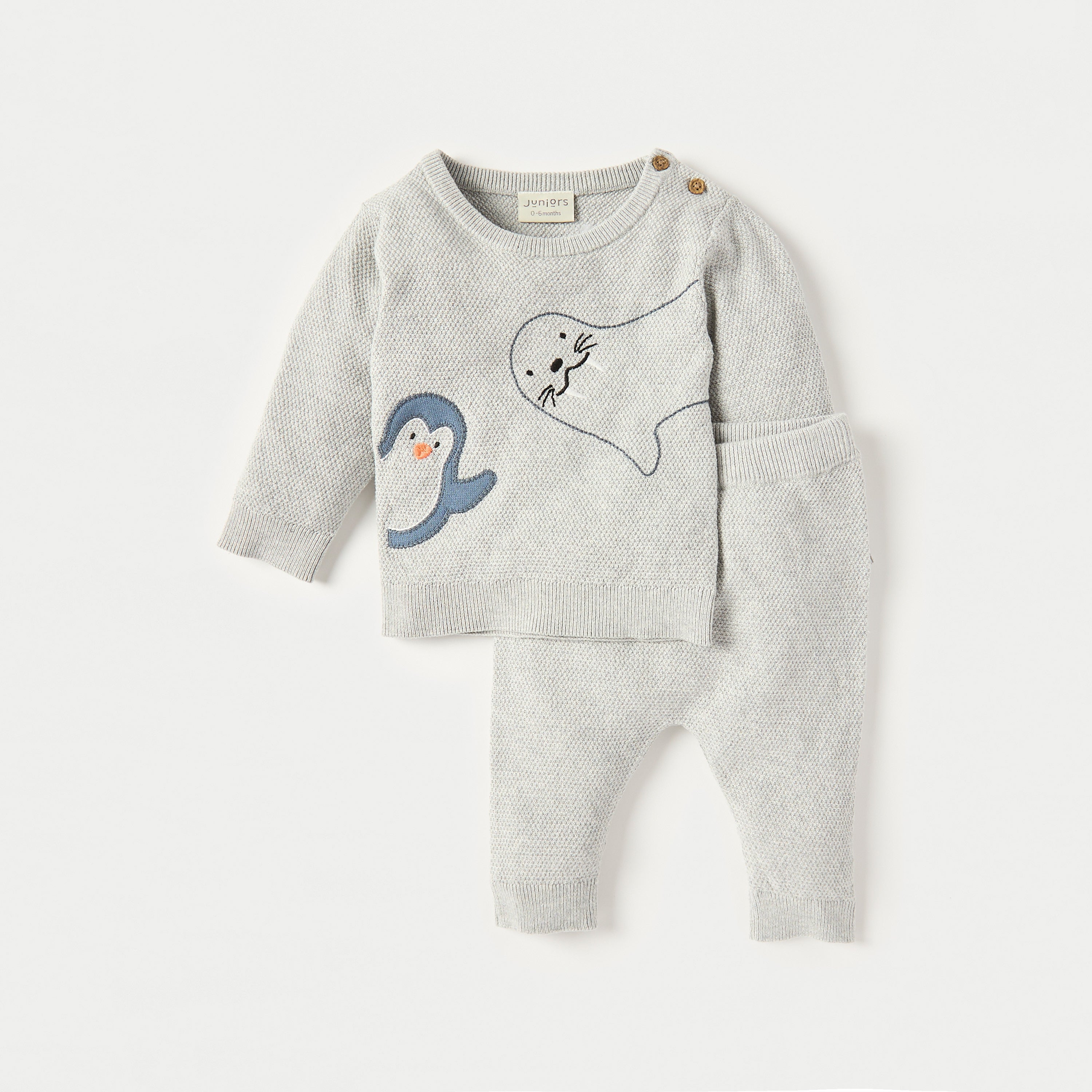 Juniors Applique Detail Long Sleeves T-shirt and Elasticated Pyjama Set - Grey / 12-18 mths
