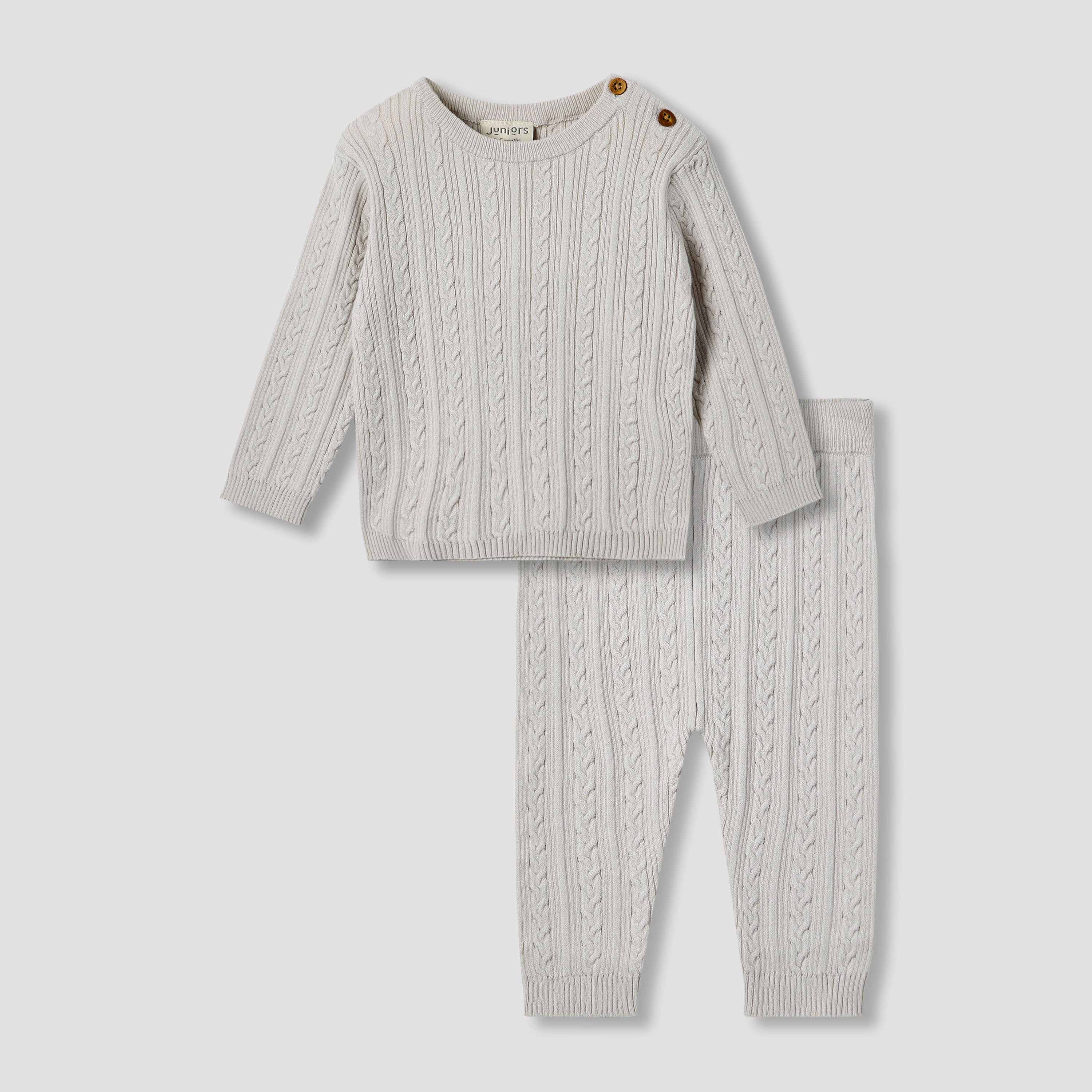 Juniors Cotton Round Neck Long Sleeve Pyjama Set with Knit Texture - Grey / 12-18 mths