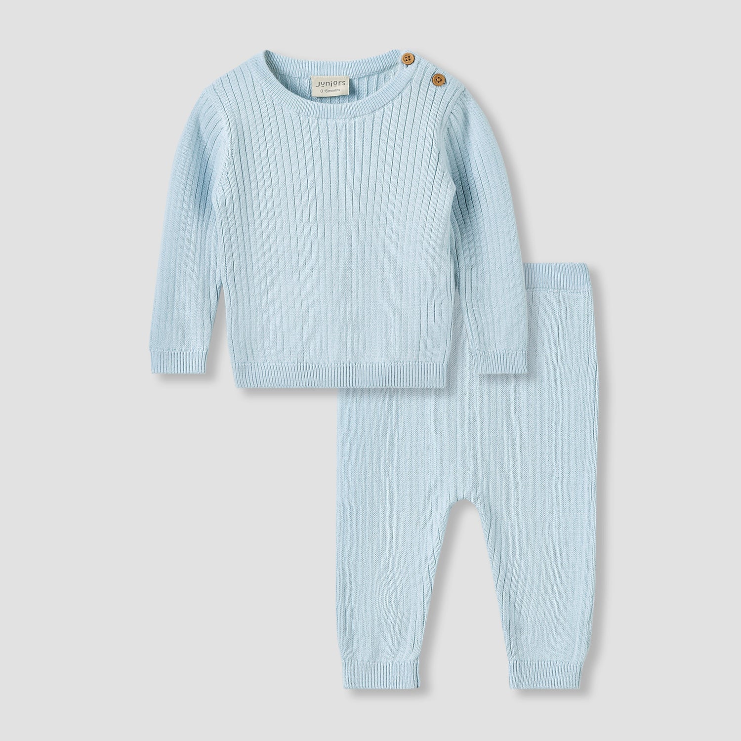 Juniors Pyjama Set with Ribbed Texture - Cotton - Long Sleeves - Blue / 12-18 mths