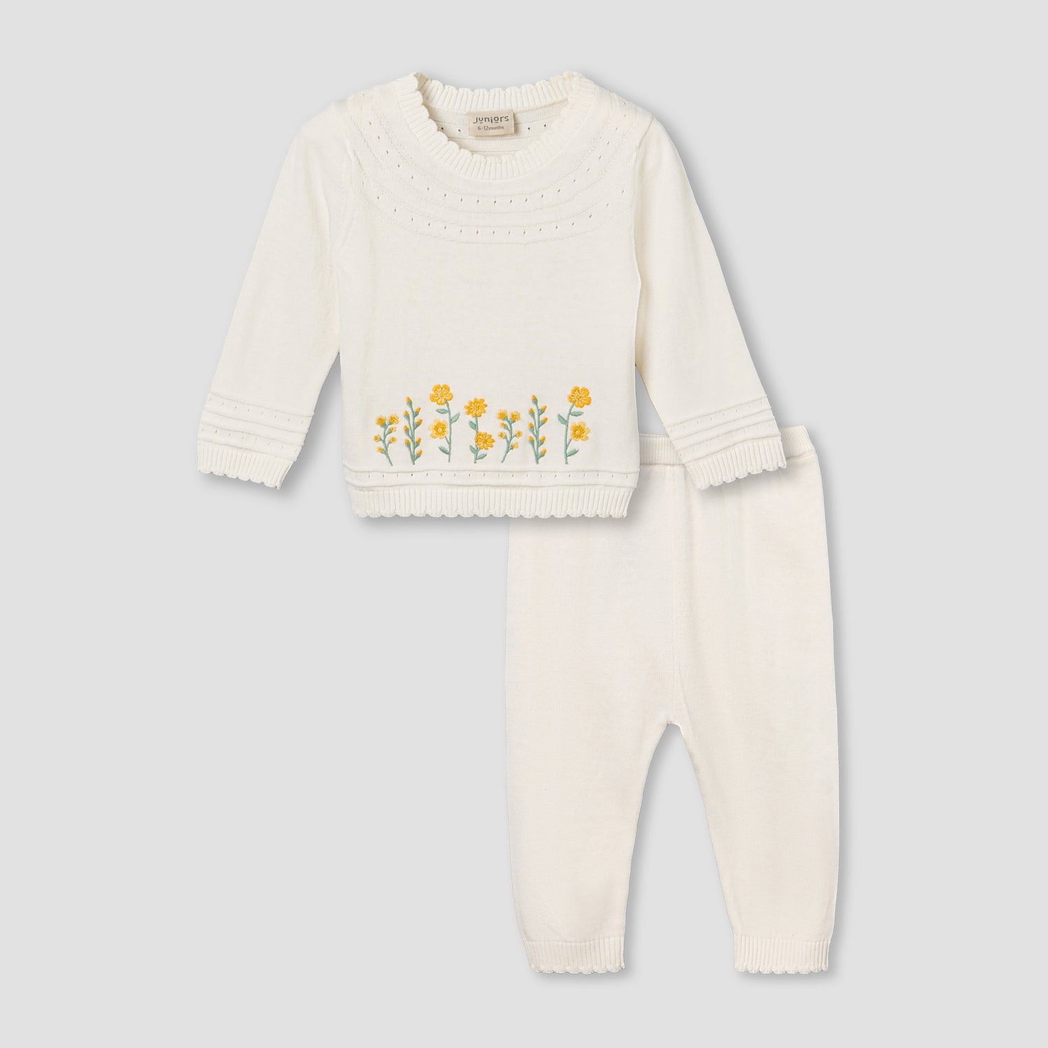 Juniors Cotton Crew Neck Long Sleeves Pyjama Set with Floral Embroidery