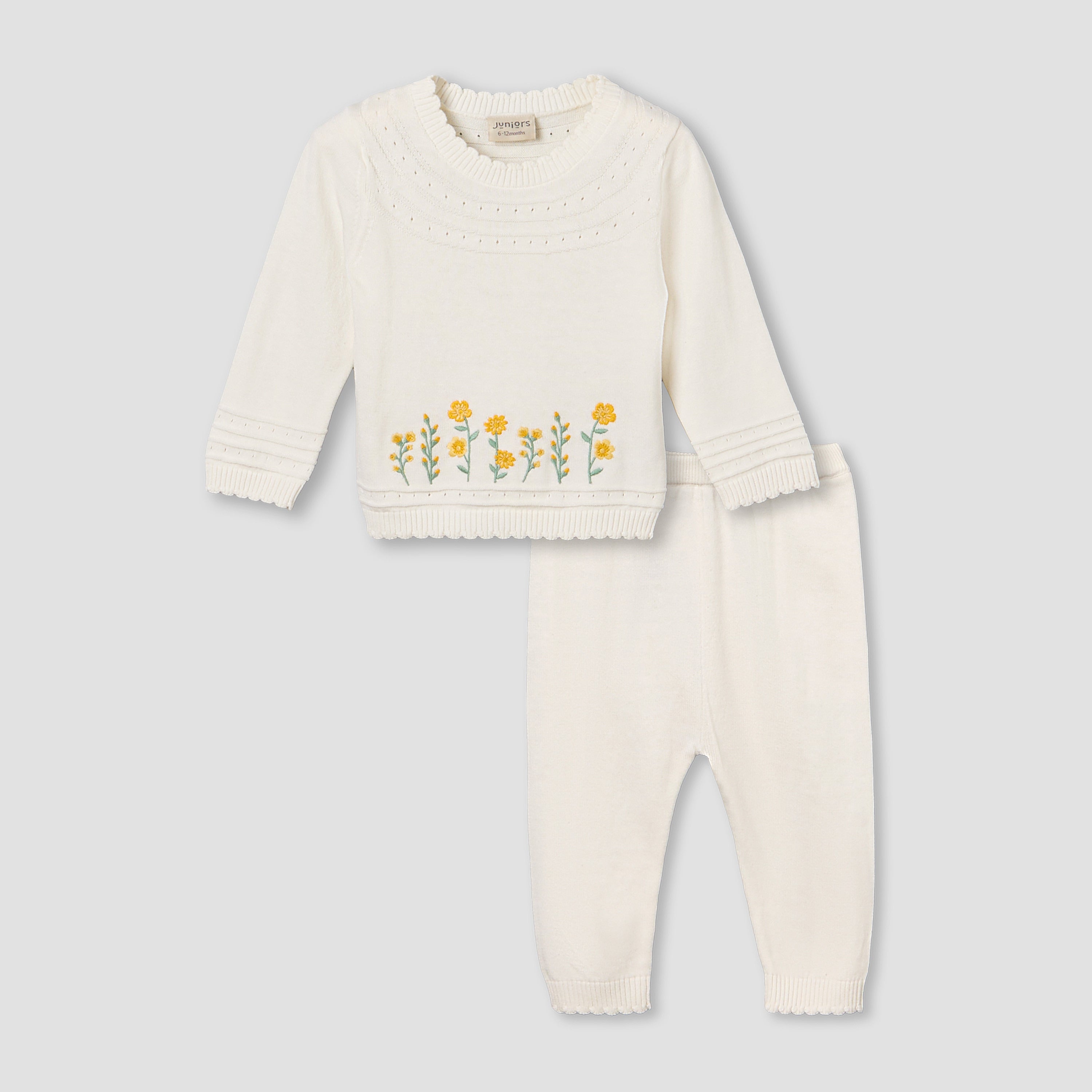 Juniors Cotton Crew Neck Long Sleeves Pyjama Set with Floral Embroidery