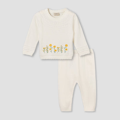 Juniors Cotton Crew Neck Long Sleeves Pyjama Set with Floral Embroidery