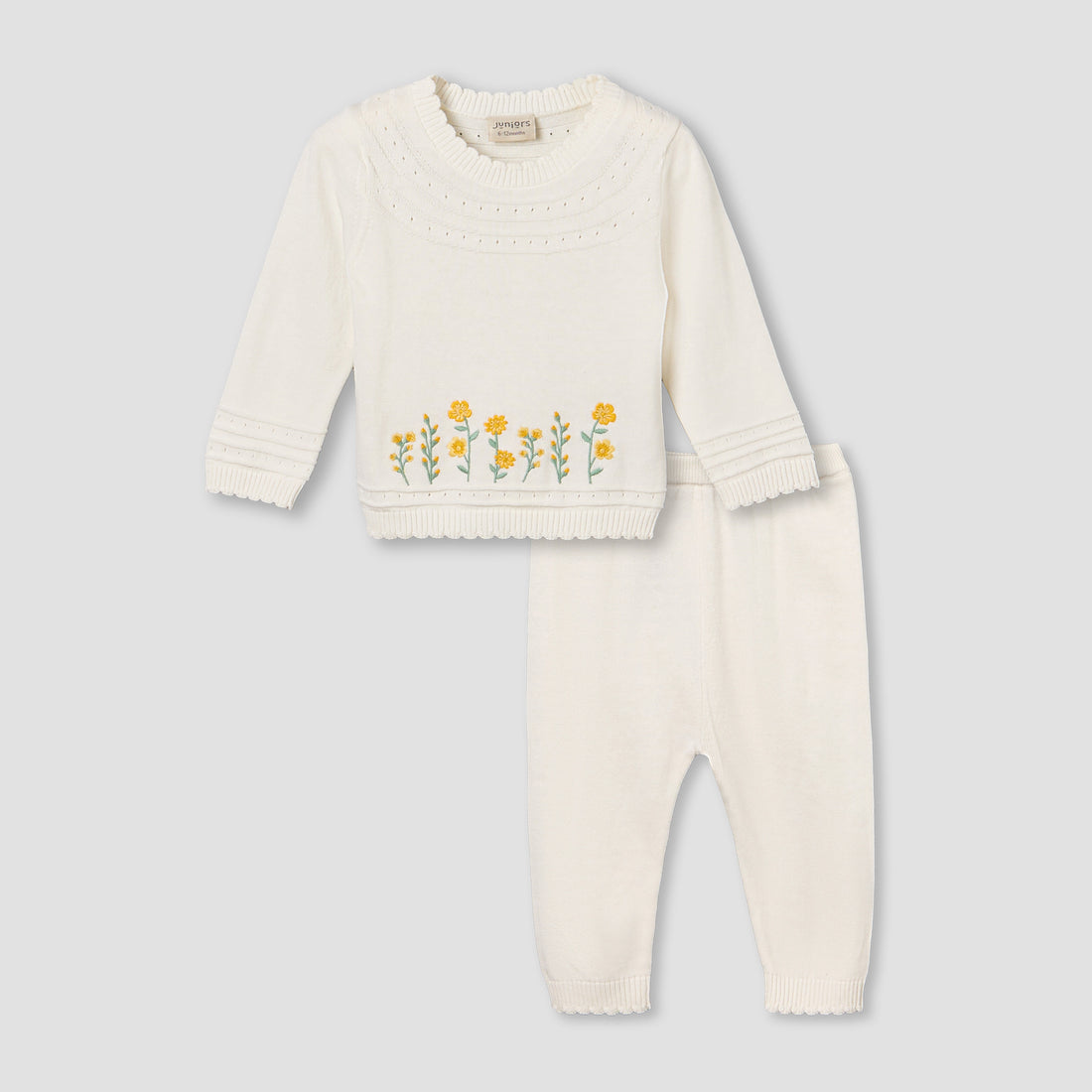 Juniors Cotton Crew Neck Long Sleeves Pyjama Set with Floral Embroidery - Cream / 12-18 mths