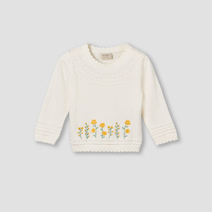 Juniors Cotton Crew Neck Long Sleeves Pyjama Set with Floral Embroidery