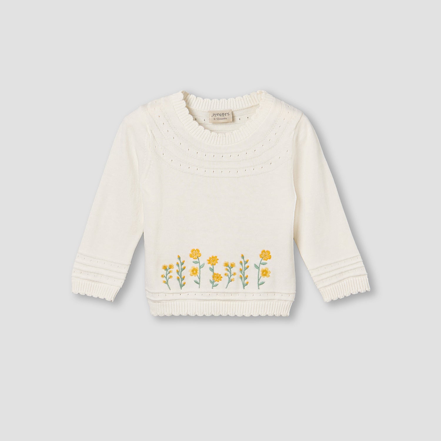 Juniors Cotton Crew Neck Long Sleeves Pyjama Set with Floral Embroidery