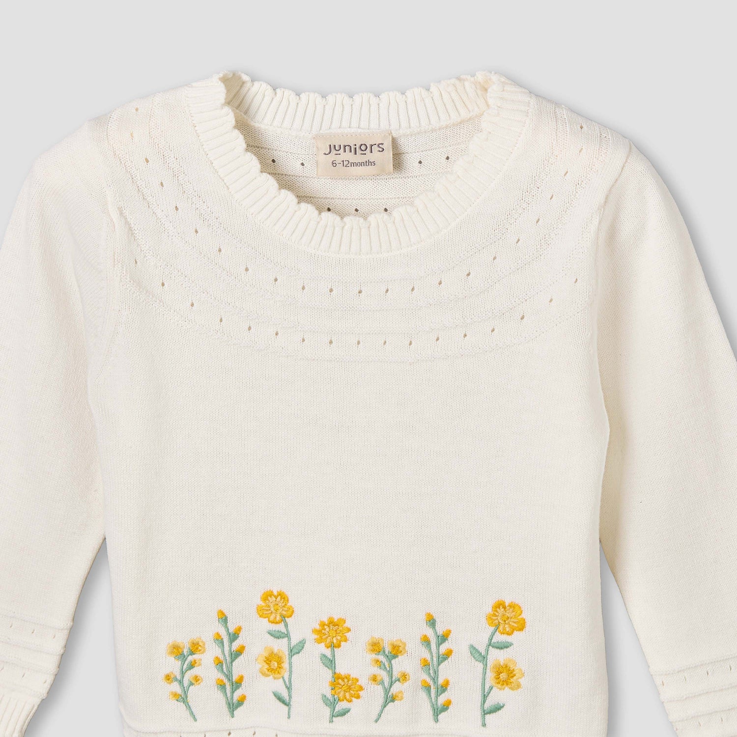Juniors Cotton Crew Neck Long Sleeves Pyjama Set with Floral Embroidery