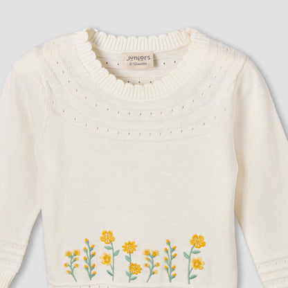 Juniors Cotton Crew Neck Long Sleeves Pyjama Set with Floral Embroidery
