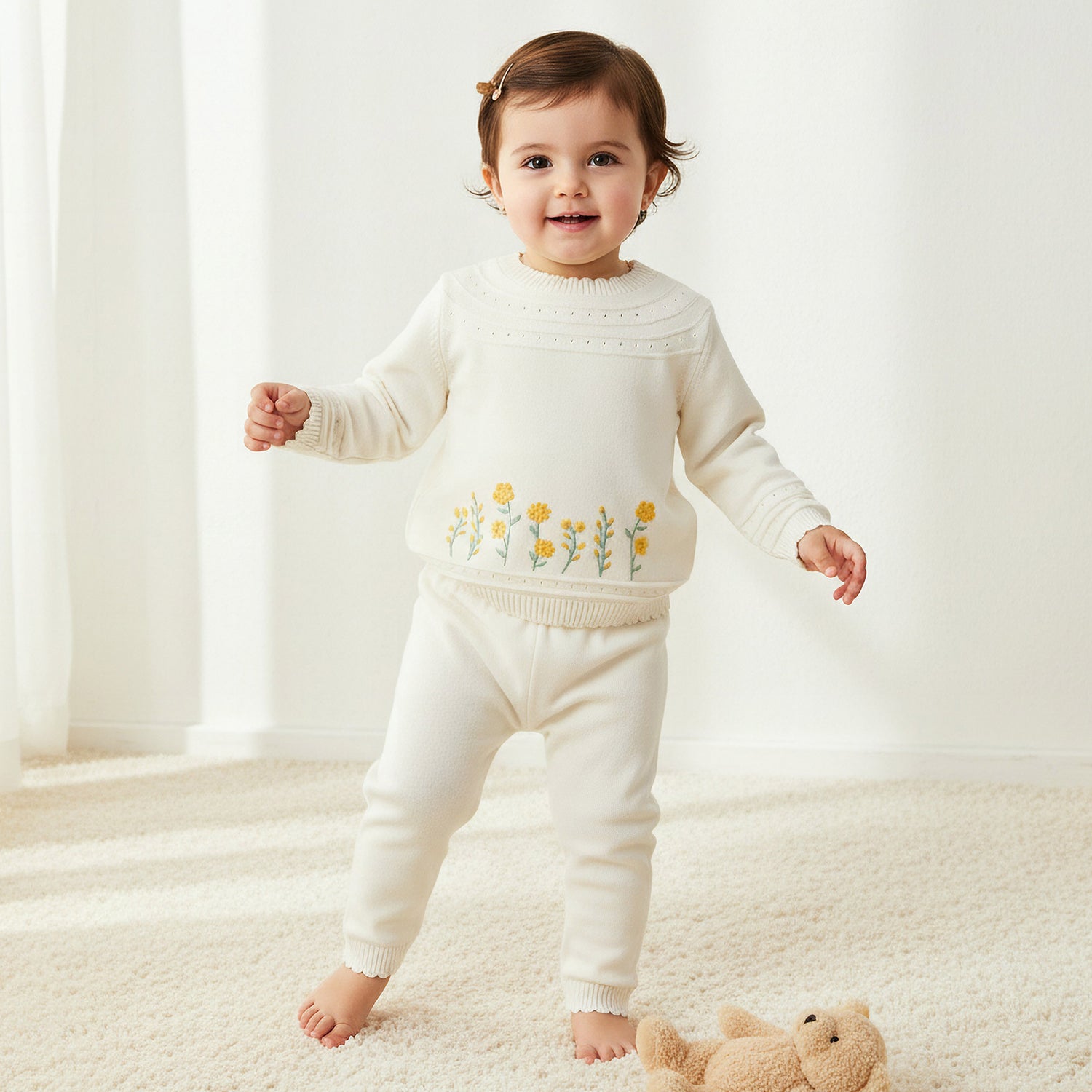 Juniors Cotton Crew Neck Long Sleeves Pyjama Set with Floral Embroidery