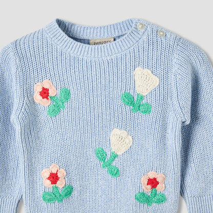 Juniors Round Neck Long Sleeves Pyjama Set with Floral Embroidery