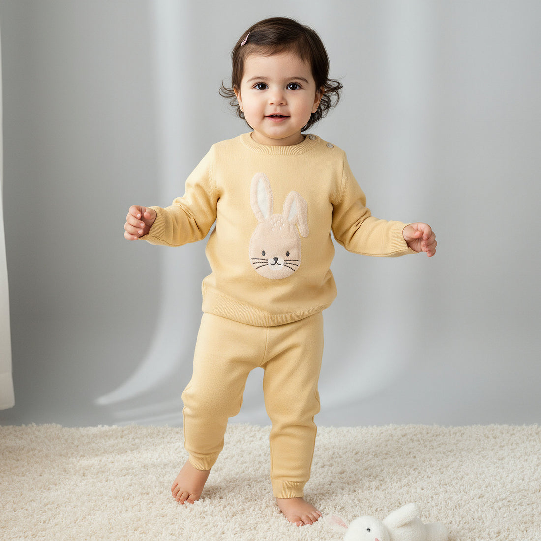 Juniors Cotton Long Sleeves Pyjama Set with Bunny Embroidery - Yellow / 18-24 mths