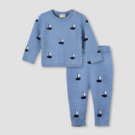 Juniors Round Neck Long Sleeves Pyjama Set with Sailboat Print-undefined-image-1