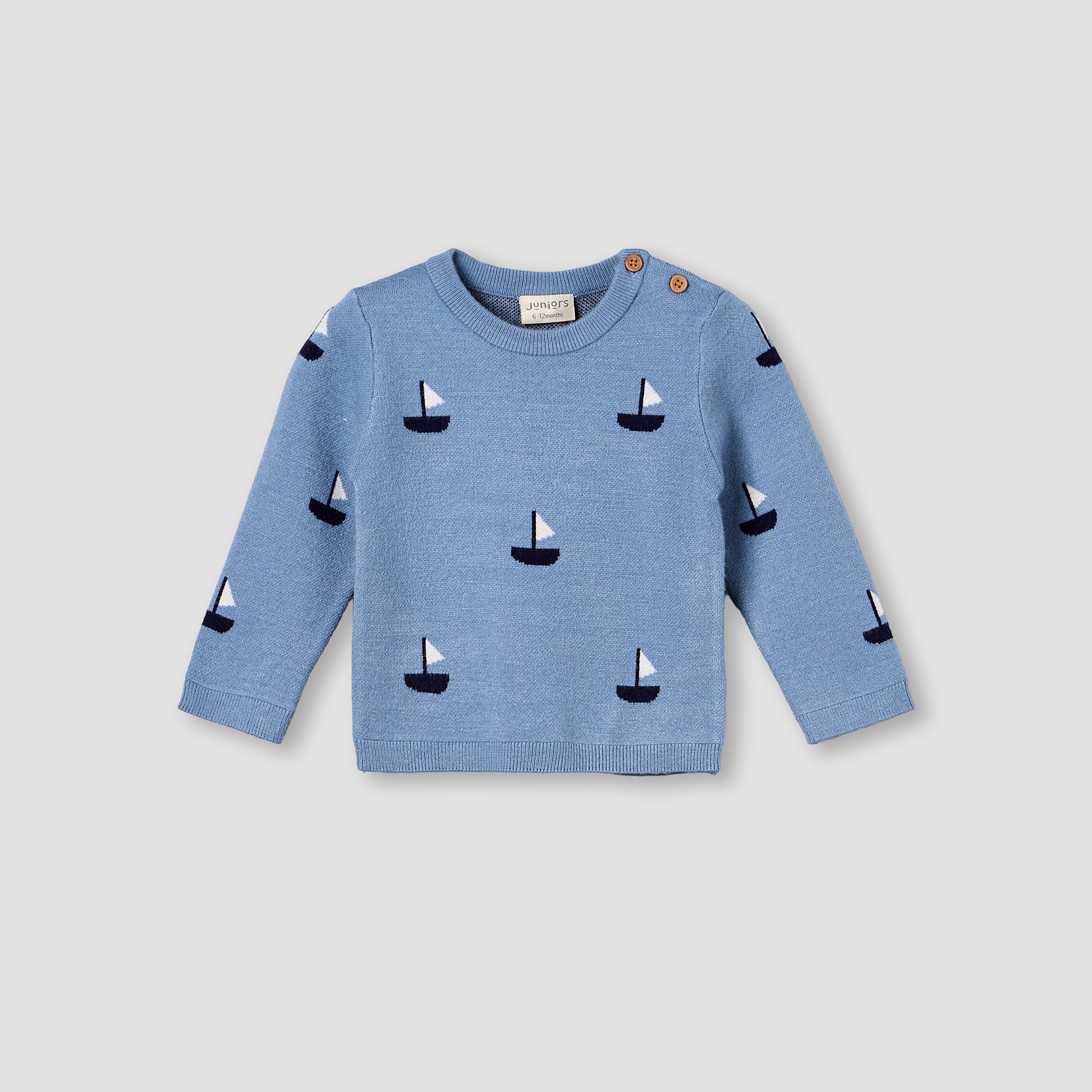 Juniors Round Neck Long Sleeves Pyjama Set with Sailboat Print