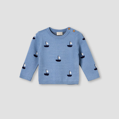 Juniors Round Neck Long Sleeves Pyjama Set with Sailboat Print