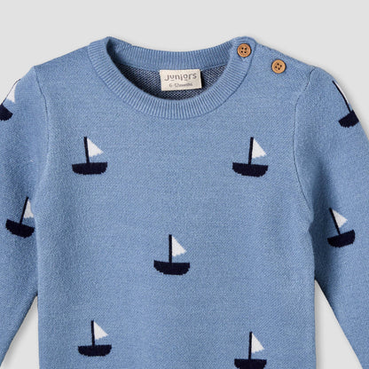 Juniors Round Neck Long Sleeves Pyjama Set with Sailboat Print