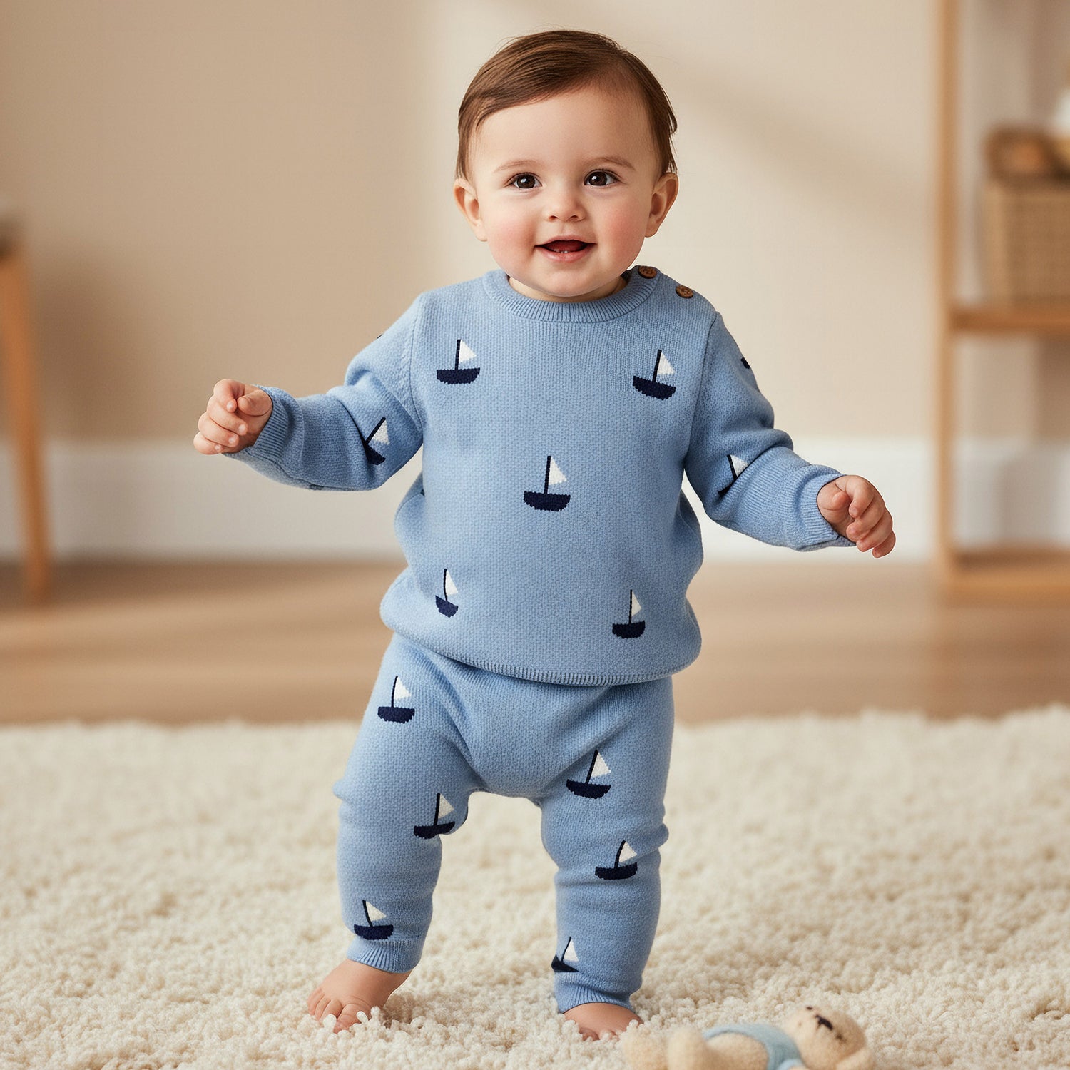 Juniors Round Neck Long Sleeves Pyjama Set with Sailboat Print