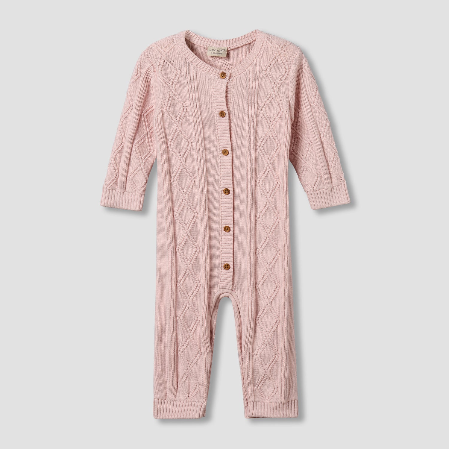Juniors Cotton Crew Neck Long Sleeves Sleepsuit with Knit Texture - Pink / 9-12 mths