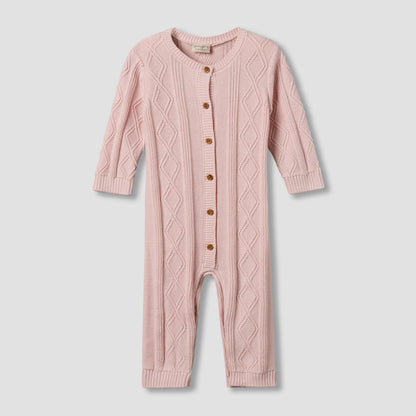 Juniors Cotton Crew Neck Long Sleeves Sleepsuit with Knit Texture - Pink / 9-12 mths