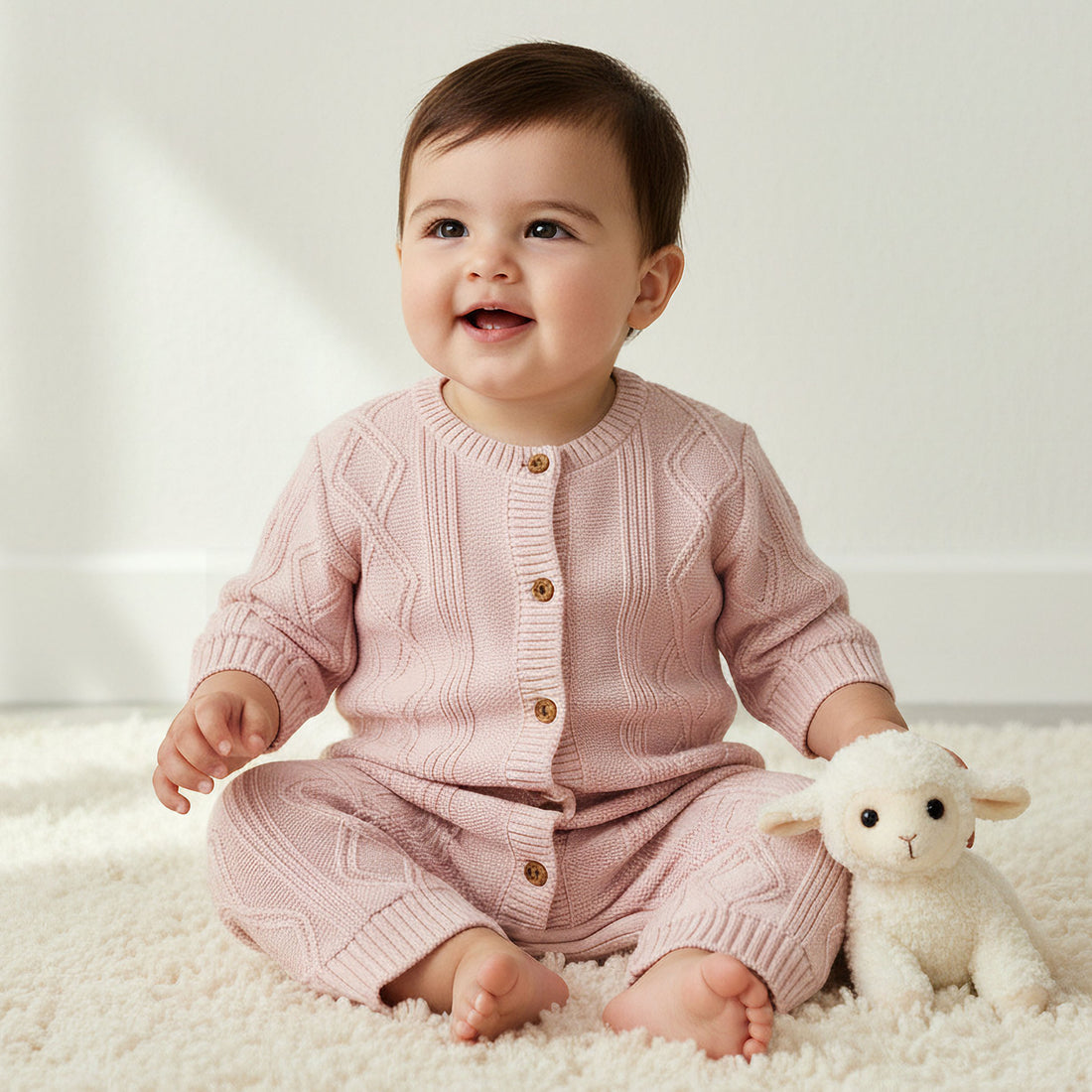 Juniors Cotton Crew Neck Long Sleeves Sleepsuit with Knit Texture - Pink / 12-18 mths