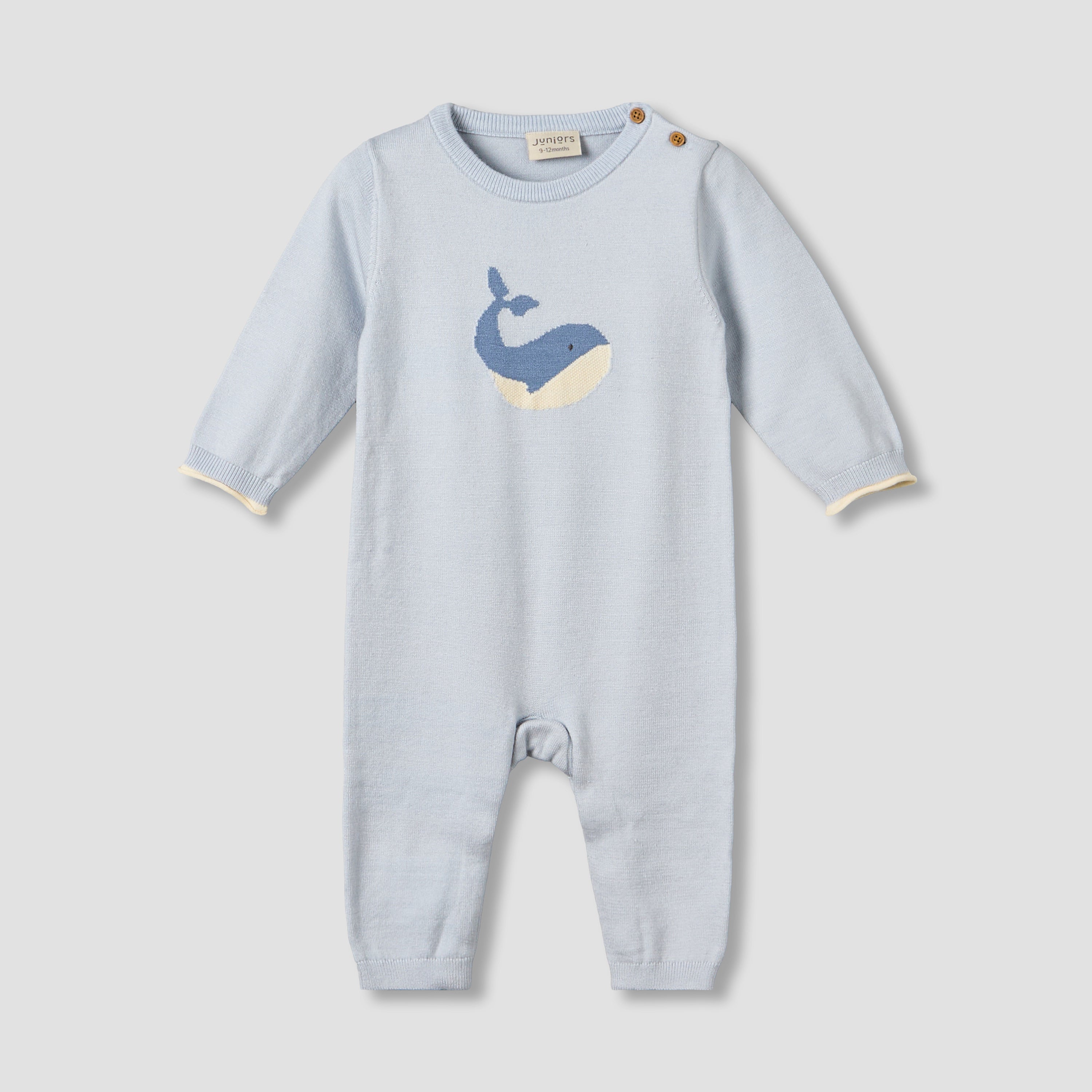 Juniors Cotton Round Neck Long Sleeves Sleepsuit with Whale Print - Blue / 9-12 mths