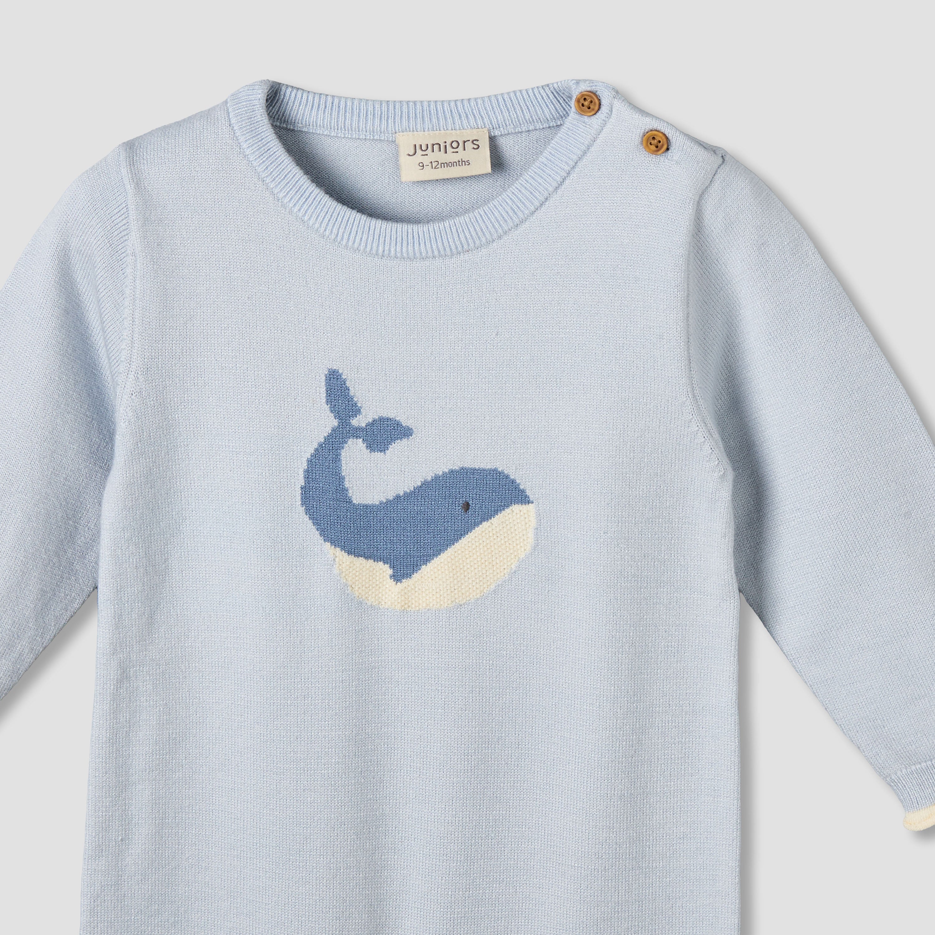 Juniors Cotton Round Neck Long Sleeves Sleepsuit with Whale Print