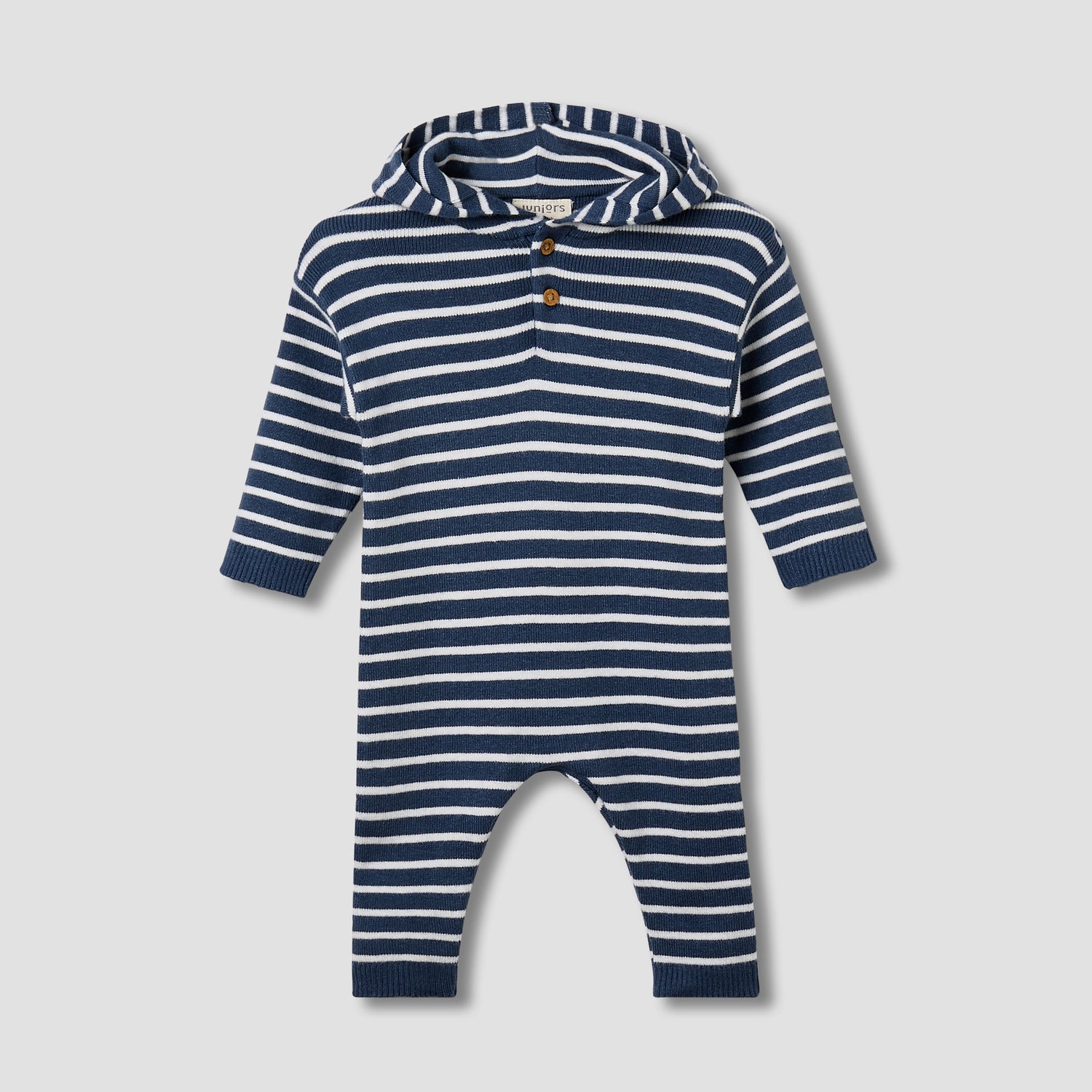 Juniors Hooded Sleepsuit with Stripes - Cotton - Long Sleeves - Blue / 12-18 mths