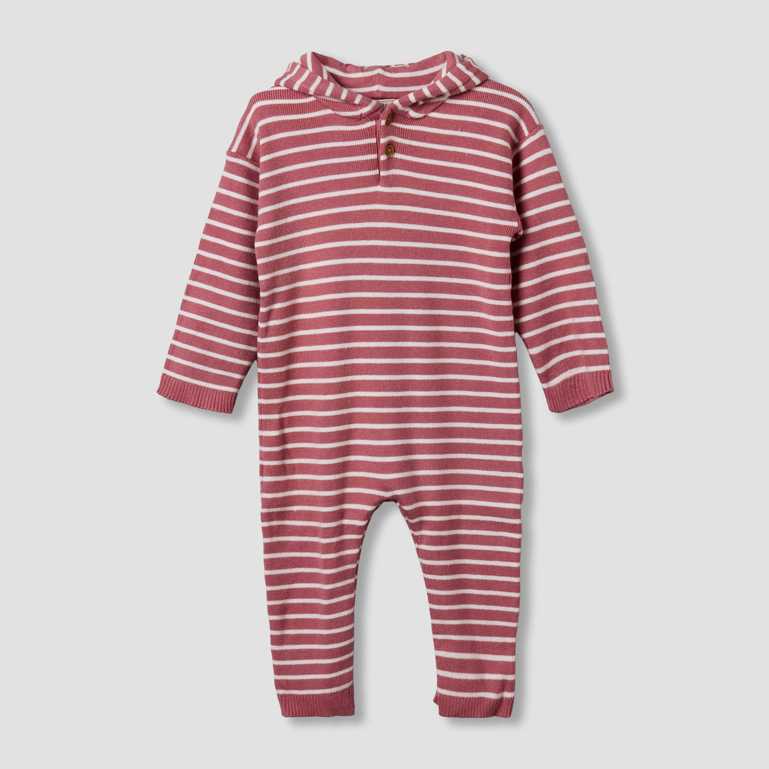 Juniors Cotton Hooded Long Sleeves Sleepsuit with Stripes - Pink / 9-12 mths