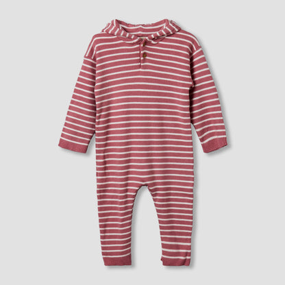 Juniors Cotton Hooded Long Sleeves Sleepsuit with Stripes - Pink / 9-12 mths