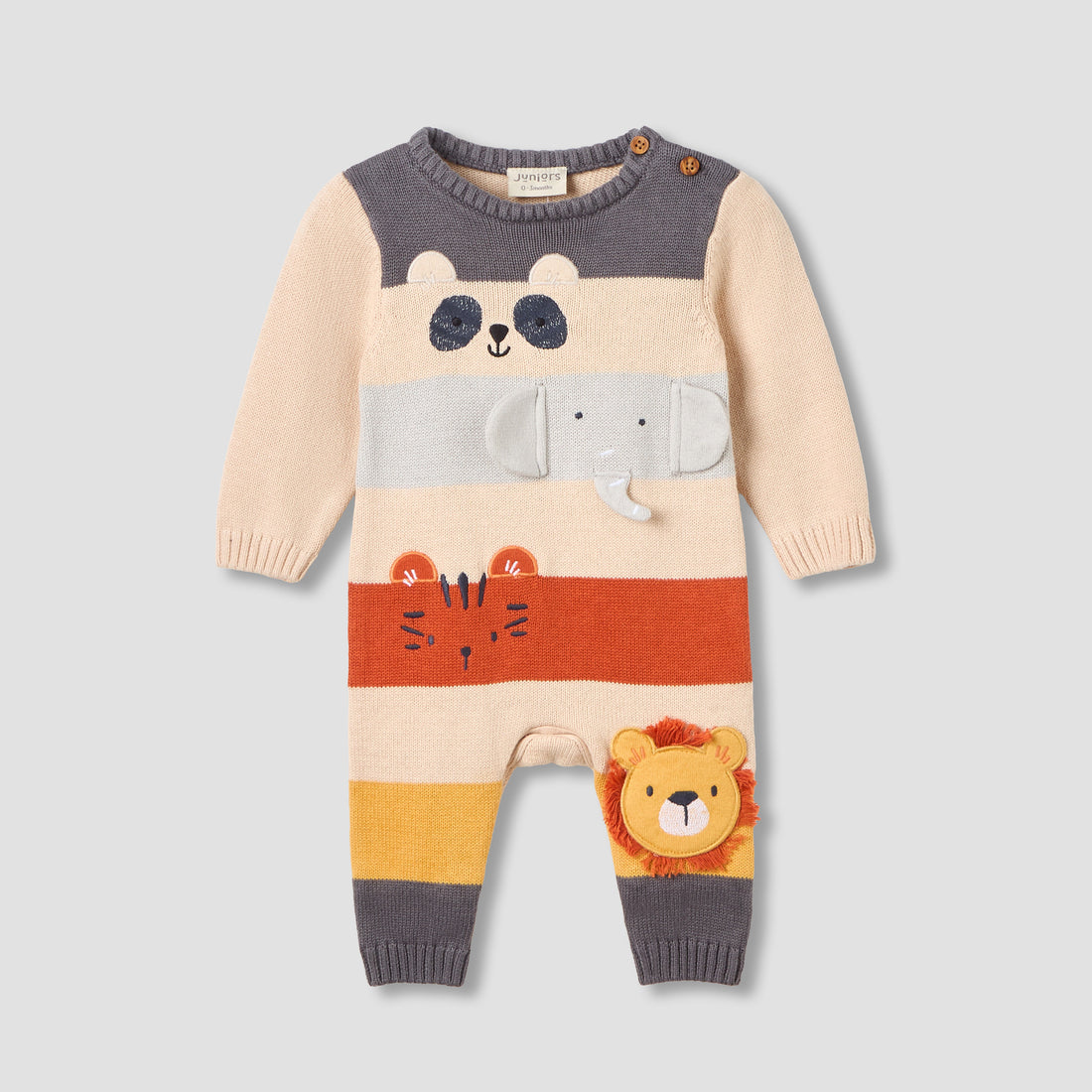 Juniors Cotton Round Neck Long Sleeves Sleepsuit with Animal Applique - Multicolour / 12-18 mths