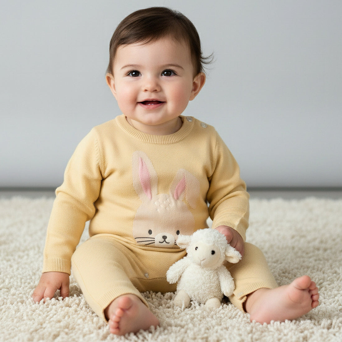 Juniors Cotton Round Neck Long Sleeves Sleepsuit with Bunny Applique - Yellow / 9-12 mths