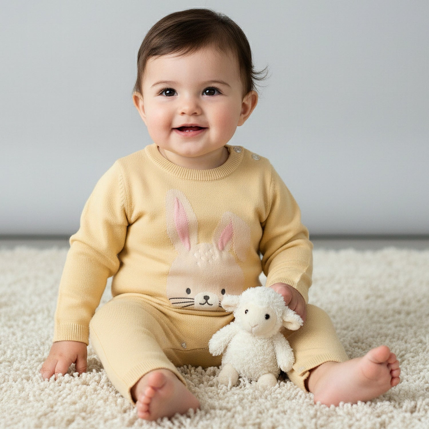 Juniors Cotton Round Neck Long Sleeves Sleepsuit with Bunny Applique - Yellow / 9-12 mths
