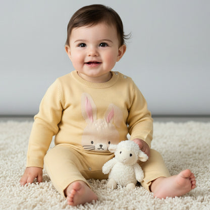Juniors Cotton Round Neck Long Sleeves Sleepsuit with Bunny Applique - Yellow / 9-12 mths