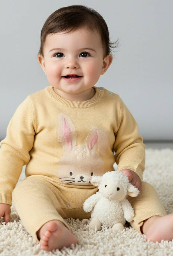 Juniors Cotton Round Neck Long Sleeves Sleepsuit with Bunny Applique