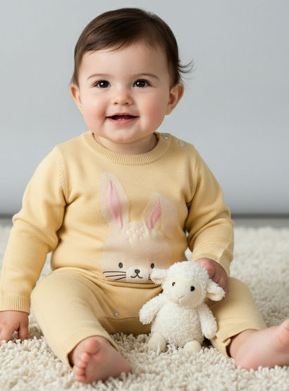Juniors Cotton Round Neck Long Sleeves Sleepsuit with Bunny Applique-baby-girls-clothing-nightwear-sleepsuits-image-1