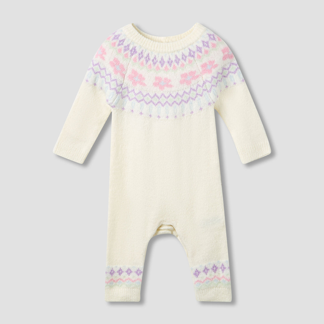 Juniors Cotton Crew Neck Long Sleeves Sleepsuit with Fair Isle Texture - Cream / 12-18 mths
