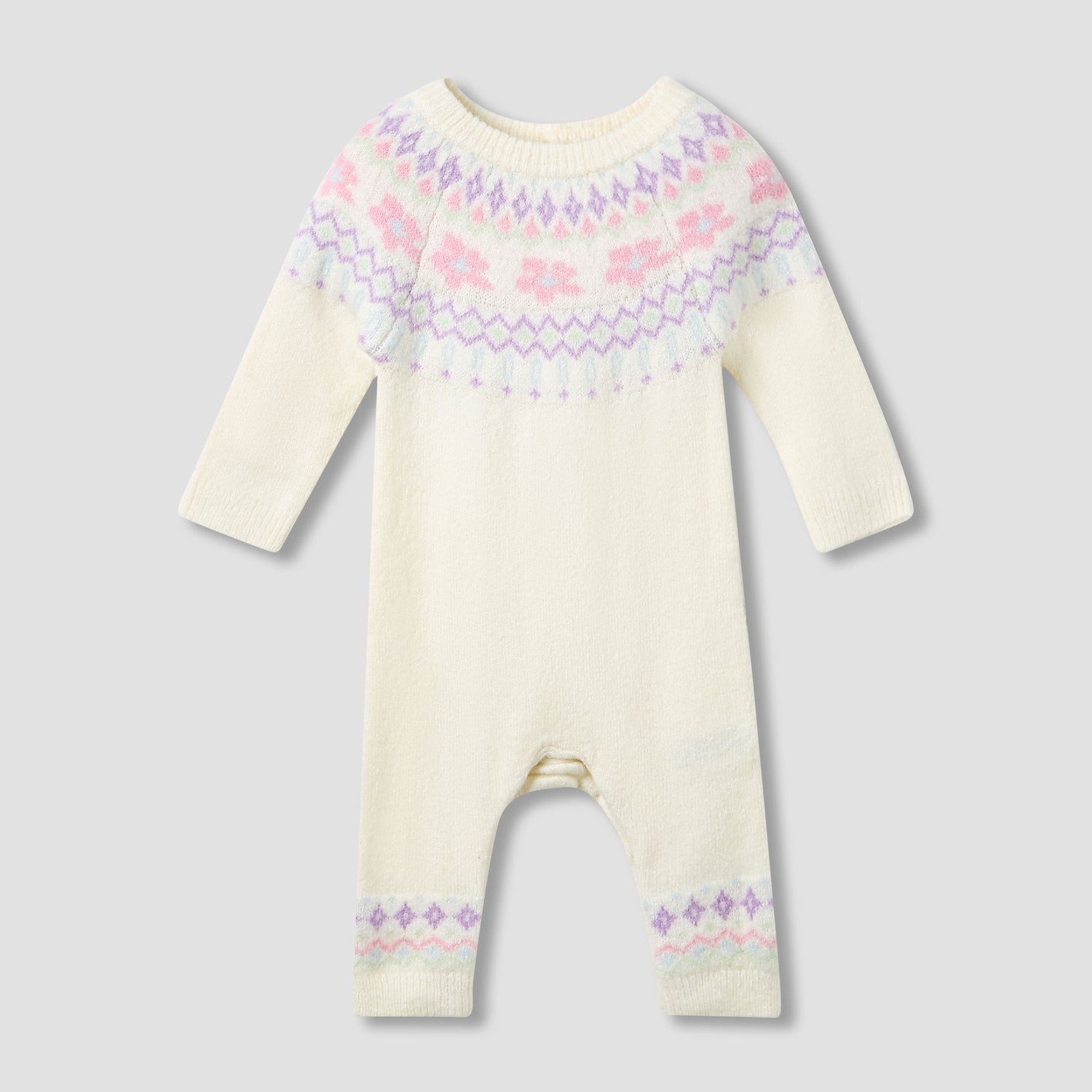 Juniors Cotton Crew Neck Long Sleeves Sleepsuit with Fair Isle Texture - Cream / 12-18 mths